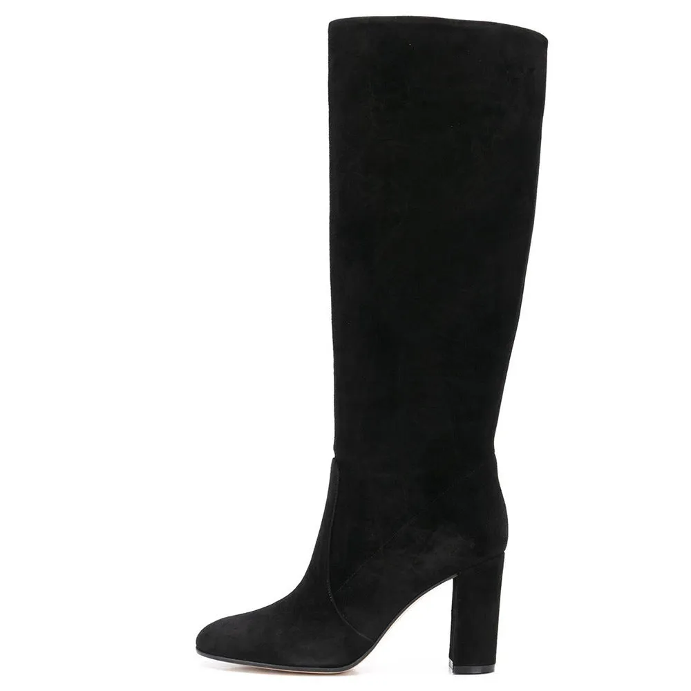 Suede pointed toe block heel ankle boots in black with oversleeve styling and 6-8CM high heel
