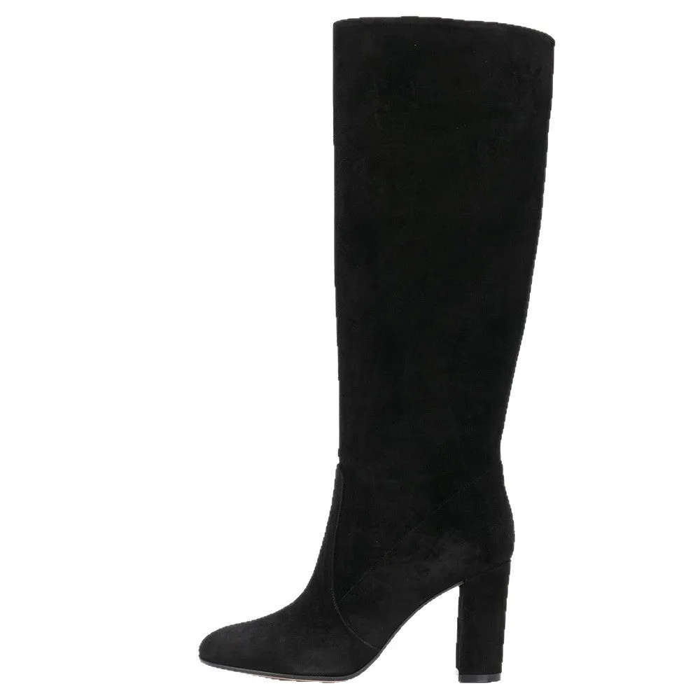 Suede pointed toe block heel ankle boots in black with oversleeve styling and 6-8CM high heel