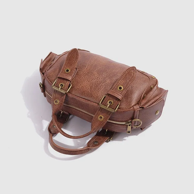 Brown artificial leather horizontal square crossbody motorcycle bag with retro styling