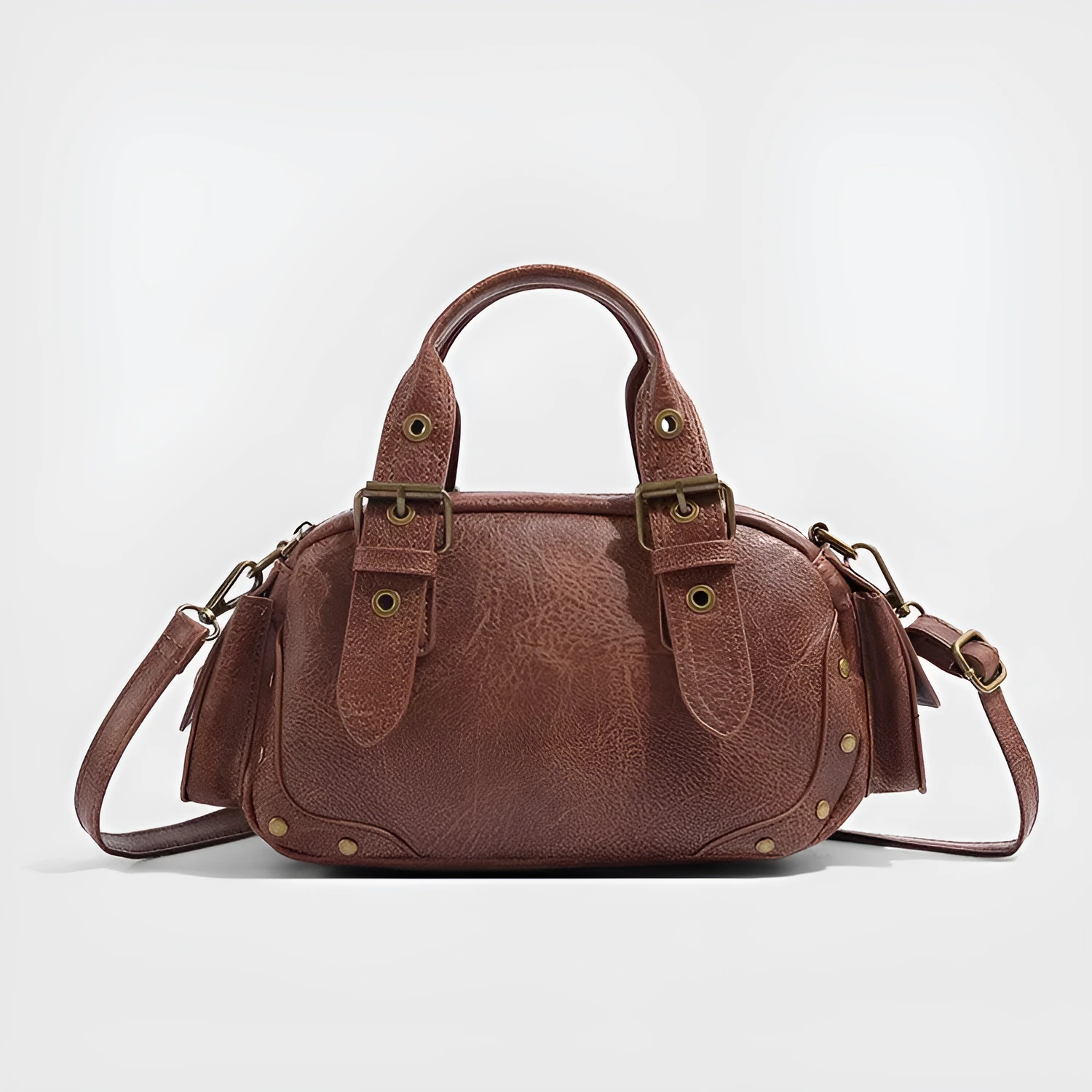 Brown artificial leather horizontal square crossbody motorcycle bag with retro styling