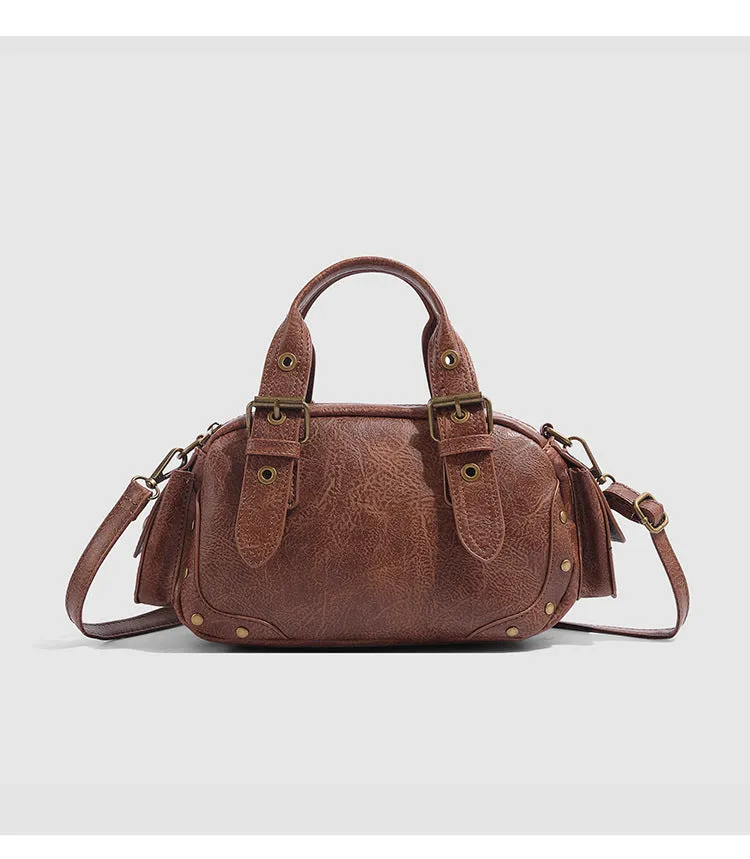 Brown artificial leather horizontal square crossbody motorcycle bag with retro styling