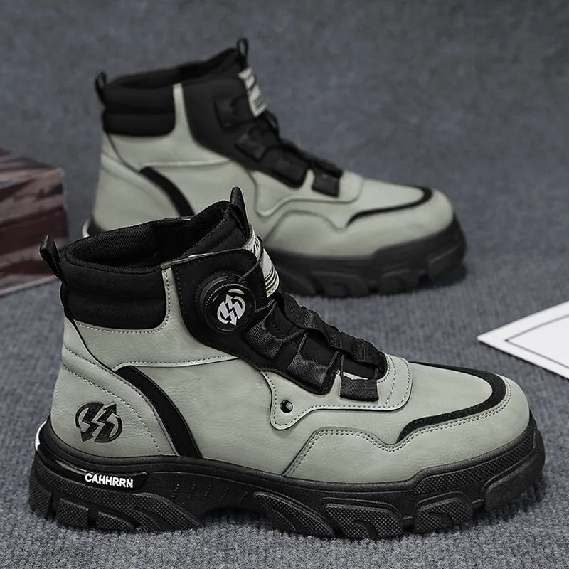 Men's non-slip thick bottom high-top casual shoes in black with artificial PU upper and low heel