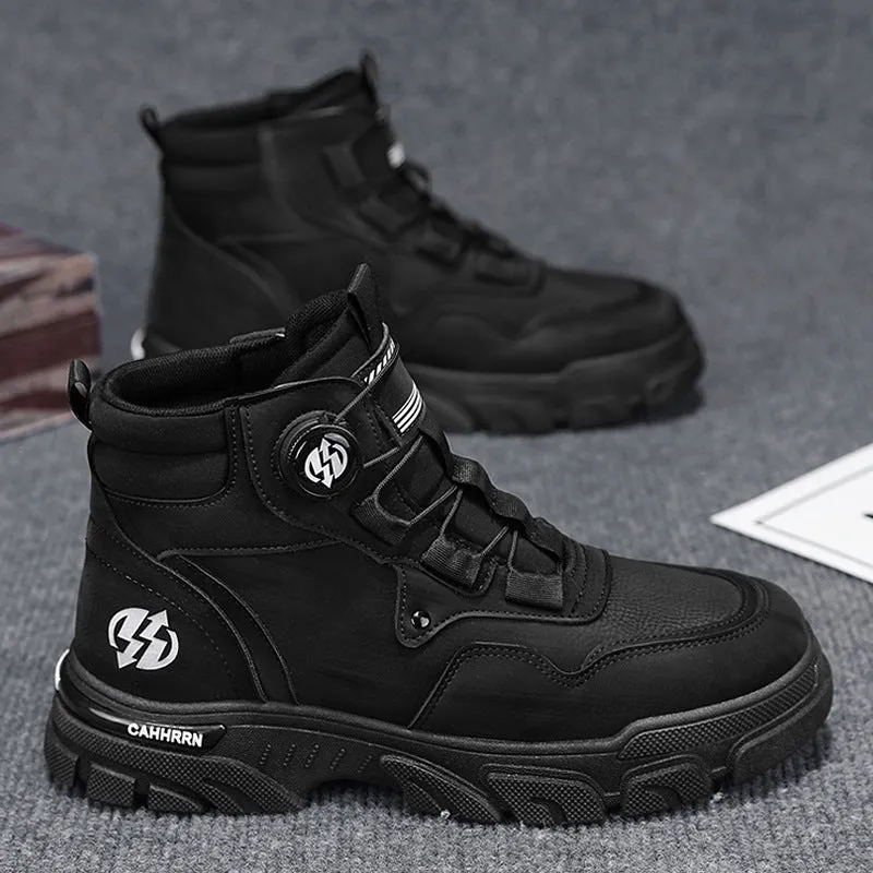 Men's non-slip thick bottom high-top casual shoes in black with artificial PU upper and low heel