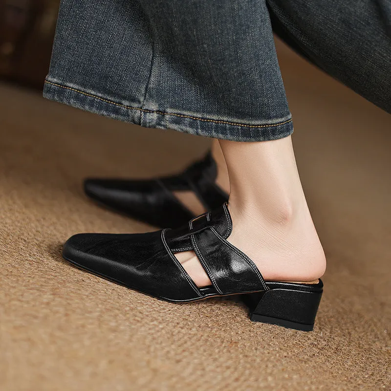 Women's retro closed toe half slippers in genuine leather with low thick heel, square toe, apricot colour