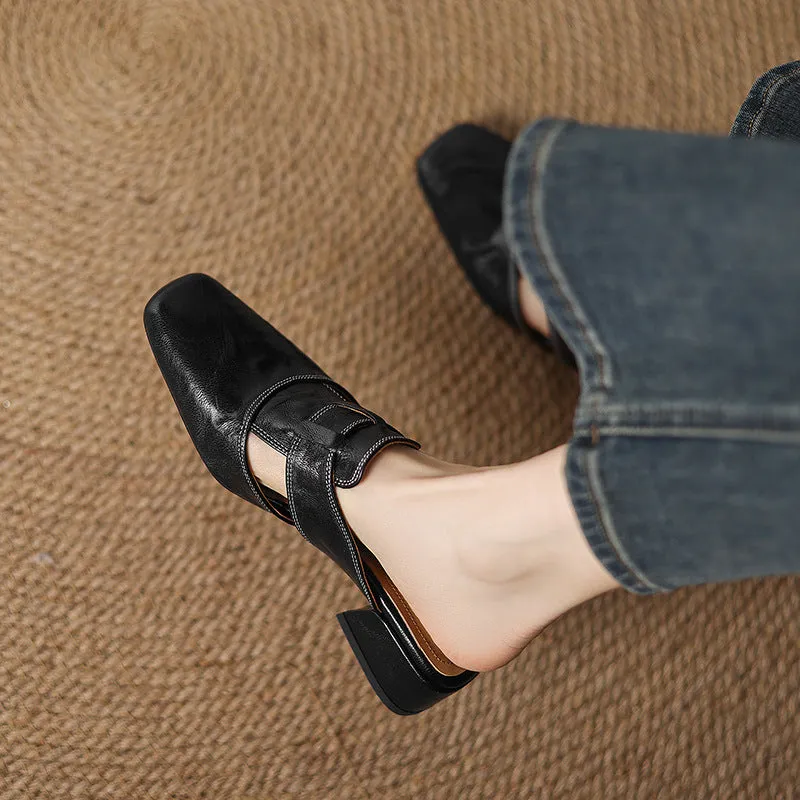Women's retro closed toe half slippers in genuine leather with low thick heel, square toe, apricot colour