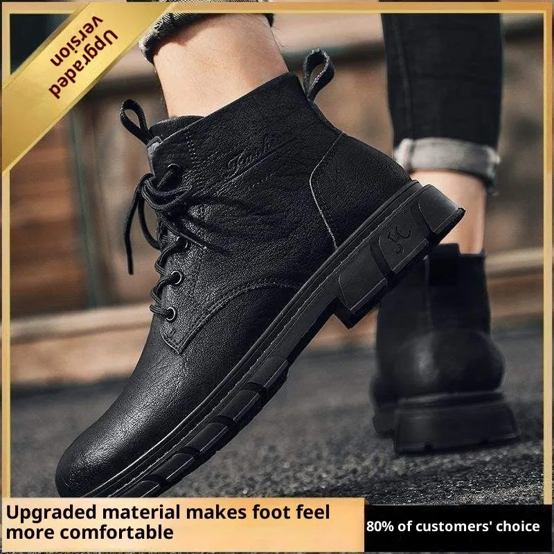Men's British style low top tooling leather boots in brown with round toe and rubber sole