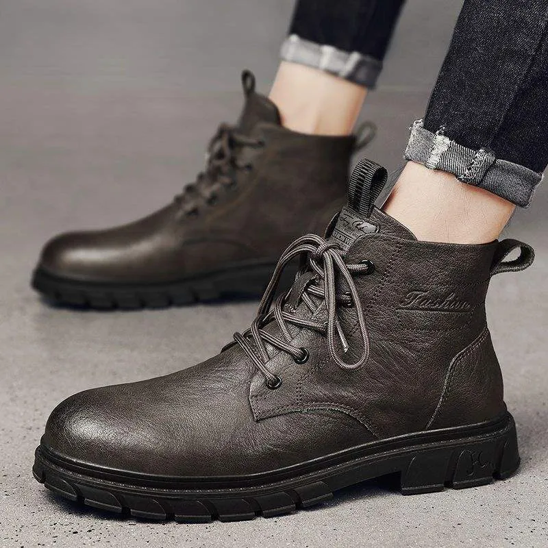 Men's British style low top tooling leather boots in brown with round toe and rubber sole
