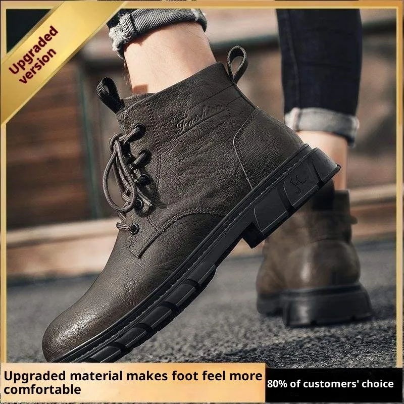 Men's British style low top tooling leather boots in brown with round toe and rubber sole