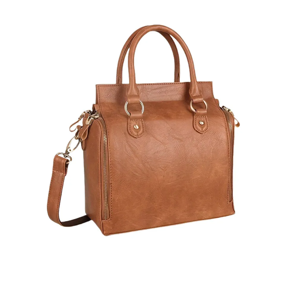 Large capacity genuine leather shoulder bag in light brown with horizontal square shape and retro sewing thread details