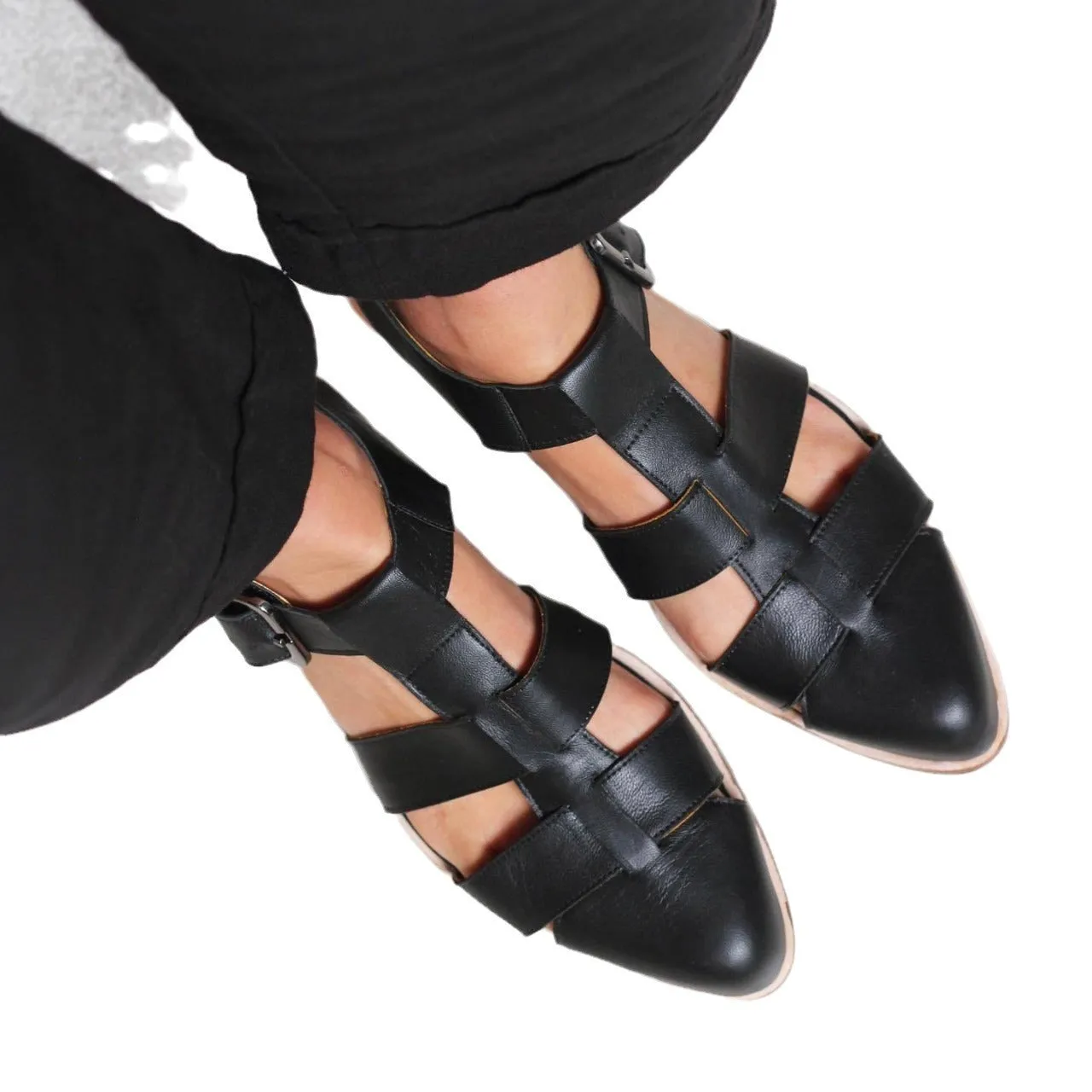 Women's casual sandals with leopard print, solid colour base, black, breathable artificial PU upper, size 34 to 43