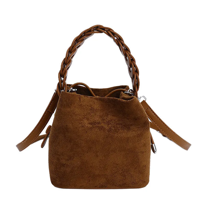 Fashion suede crossbody bag with stitching details, PU material, available in multiple colours like watermelon red and brown