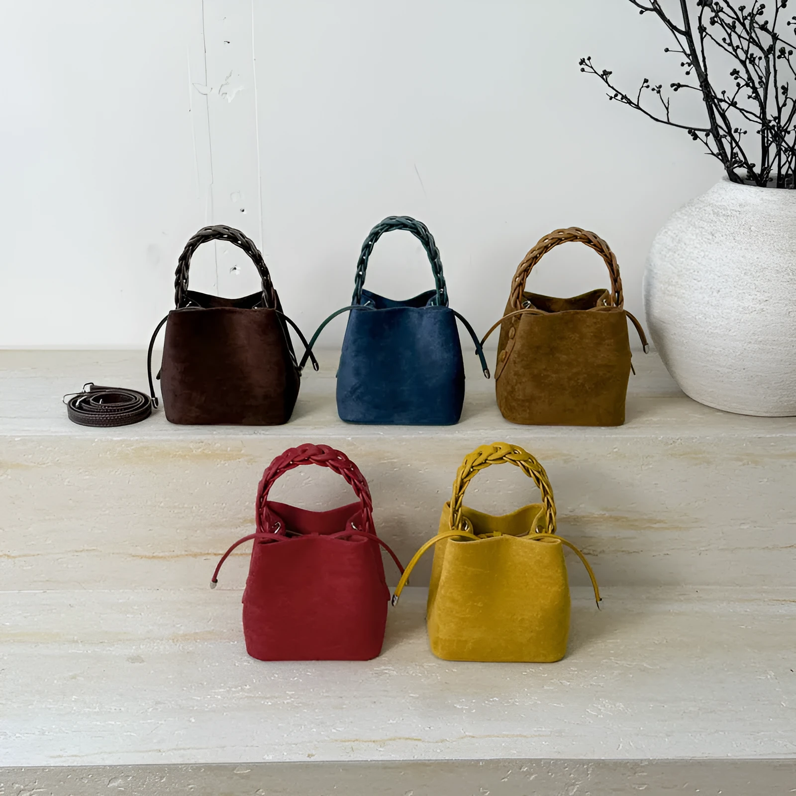 Fashion suede crossbody bag with stitching details, PU material, available in multiple colours like watermelon red and brown