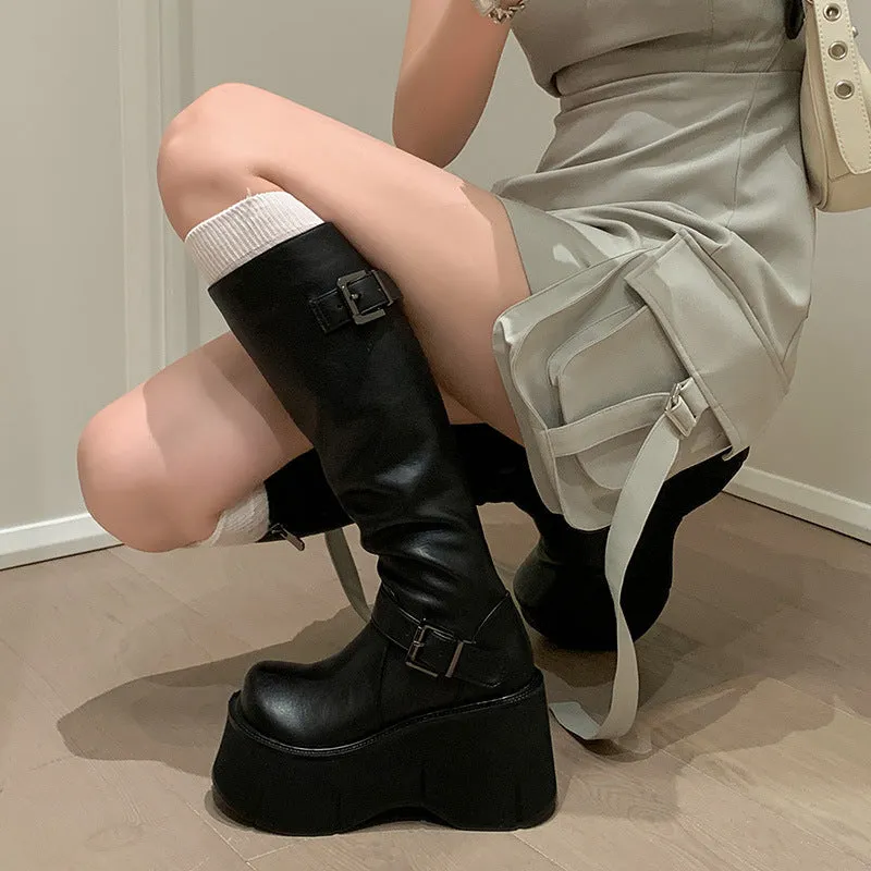 Black artificial PU women's tall knight boots with chunky heel and front lace-up stitching details round toe