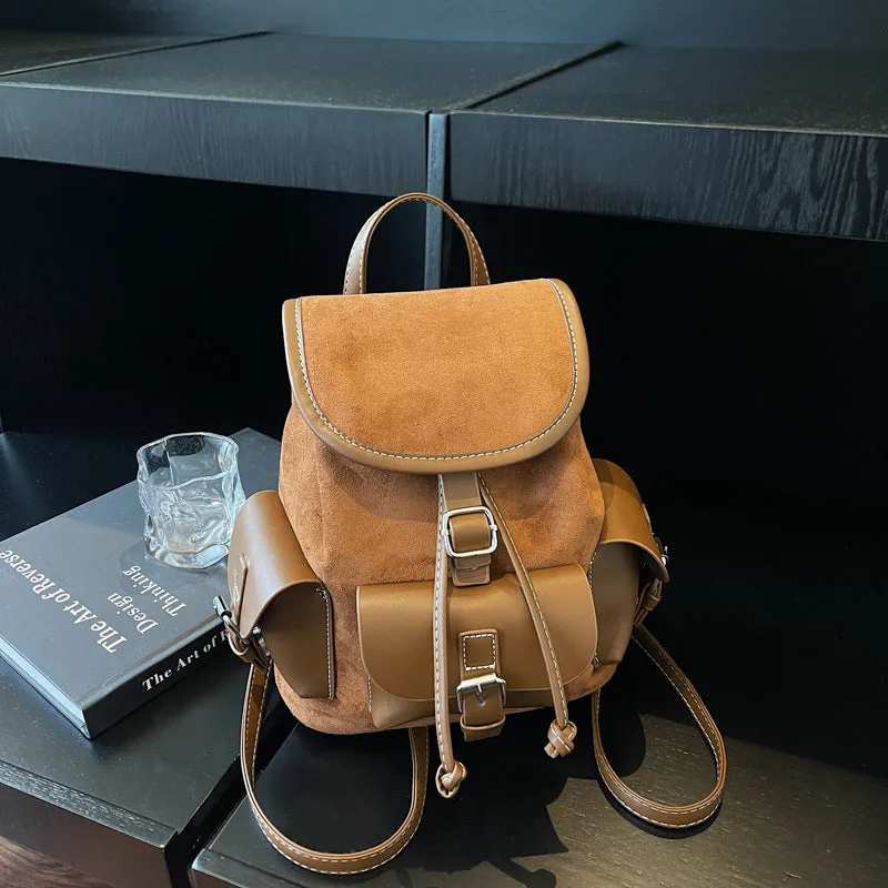 Retro textured PU women's backpack in beige with stitched detailing and outer sandwich pocket