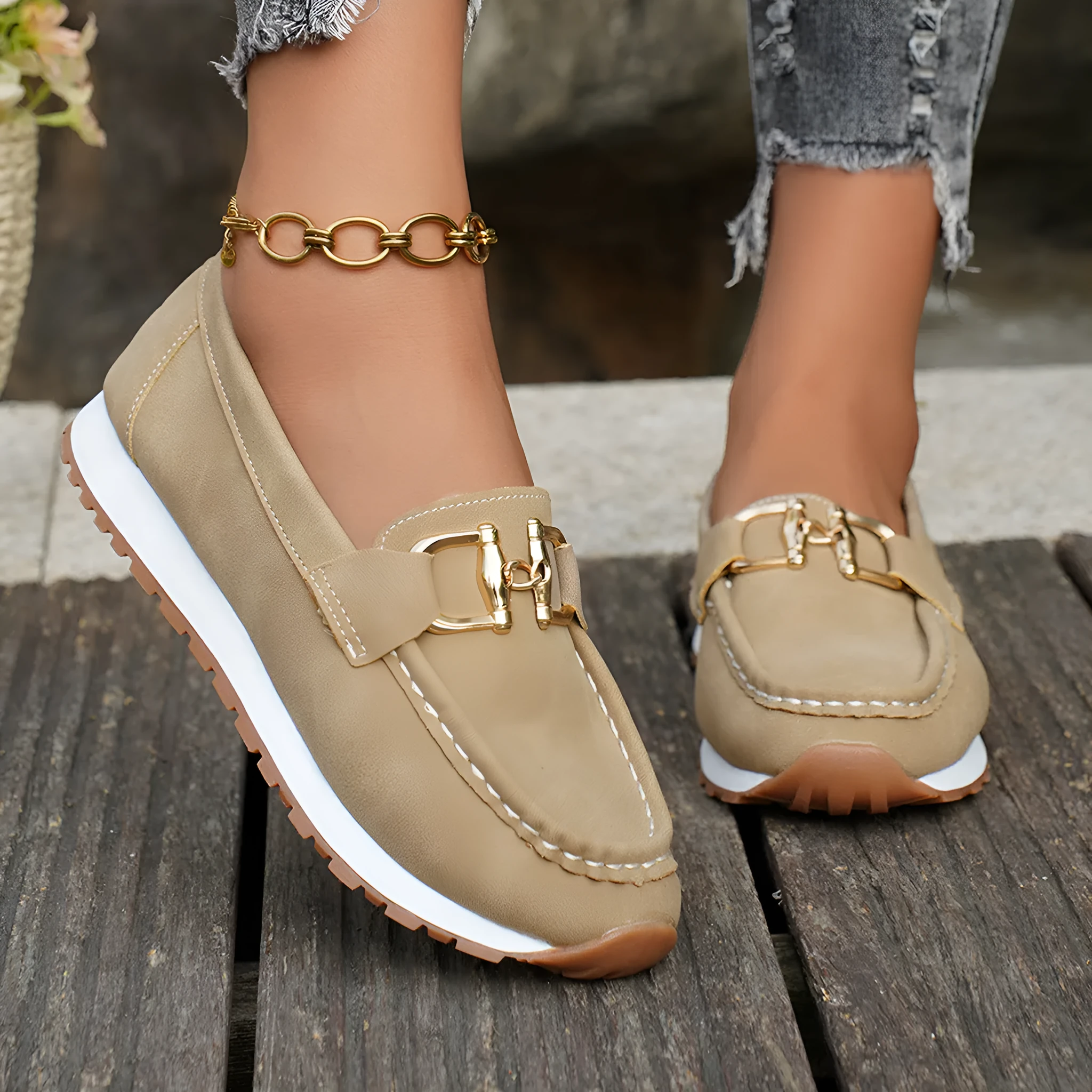 Women's casual sports shoes suede low top pump solid colour khaki flat heel round toe leather stitching