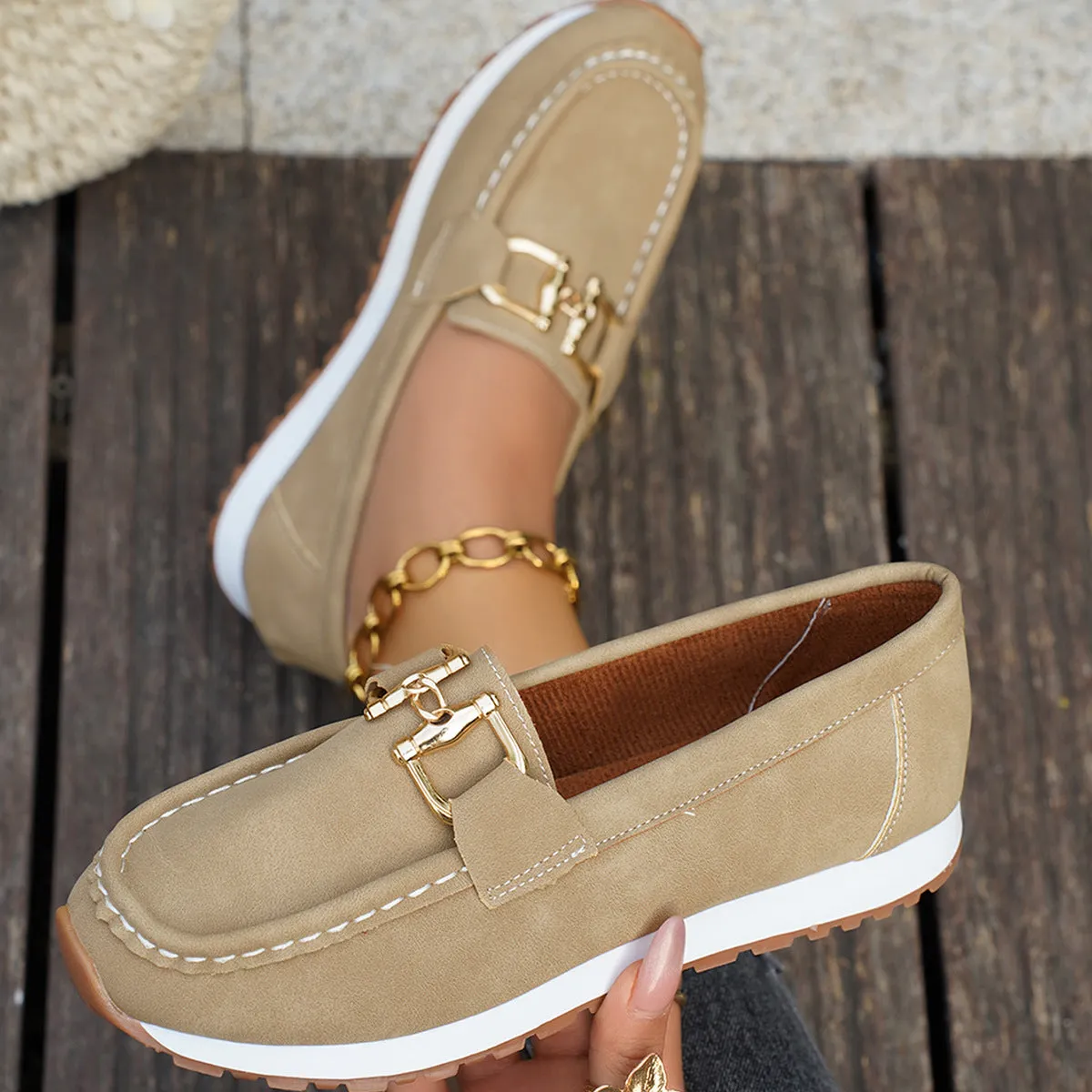 Women's casual sports shoes suede low top pump solid colour khaki flat heel round toe leather stitching