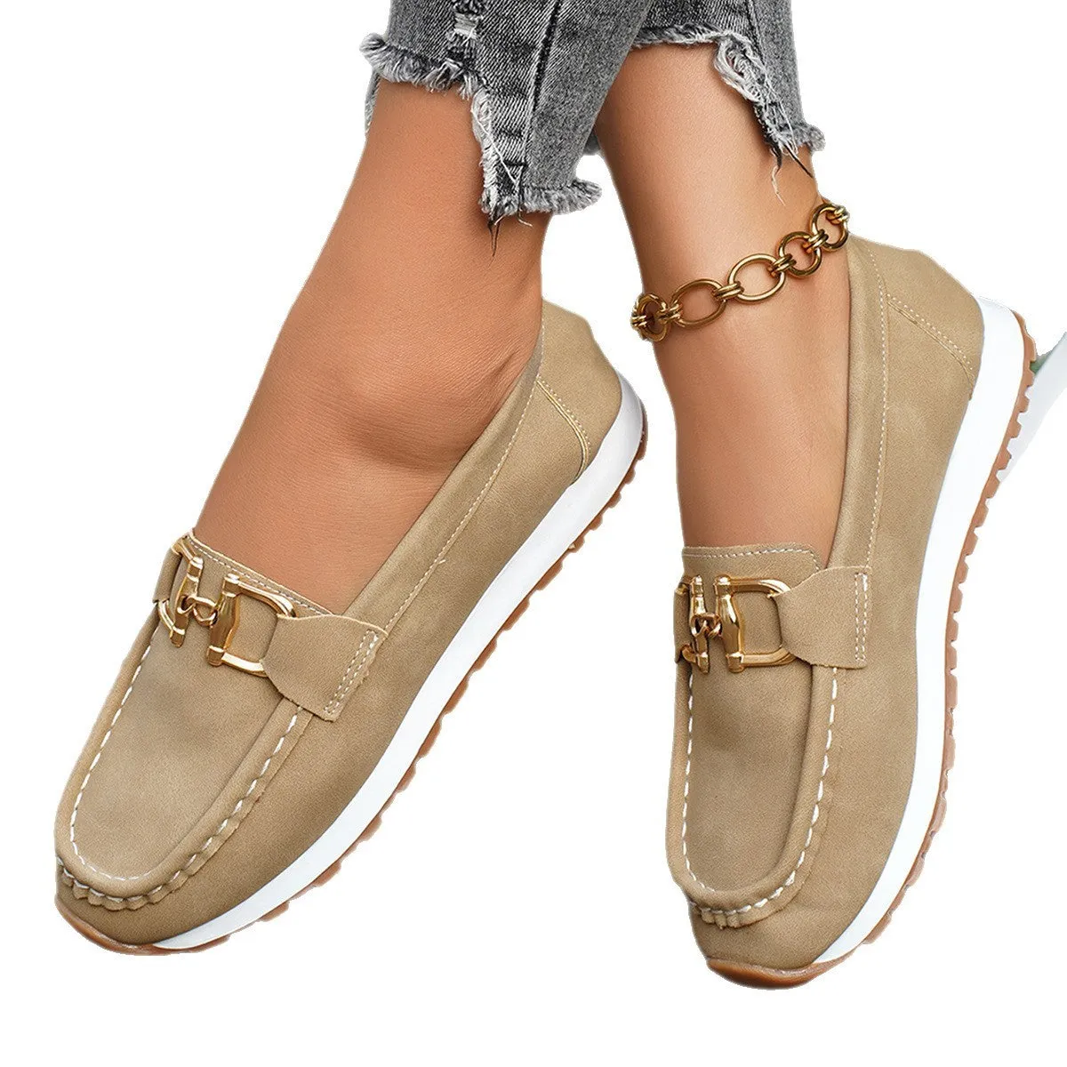 Women's casual sports shoes suede low top pump solid colour khaki flat heel round toe leather stitching