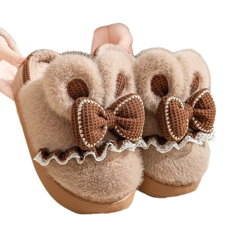Indoor warm non-slip couples cotton shoes with suede upper and EVA sole in brown
