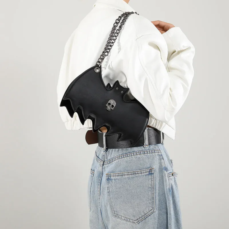 New Fashion Creative Halloween Personalized Bat Handbag in black PU leather with chain strap and batwing shape