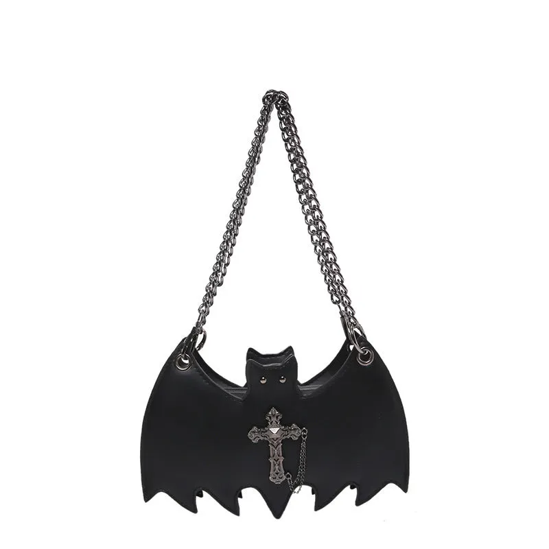 New Fashion Creative Halloween Personalized Bat Handbag in black PU leather with chain strap and batwing shape