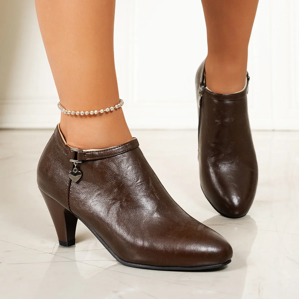 Casual pointed toe stiletto heel ankle boots with love decoration, side zipper, artificial leather, black colour