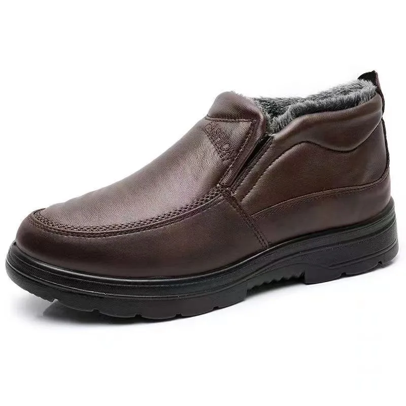 Men's black and brown fleece-lined winter slip-on shoes with a non-slip rubber sole.