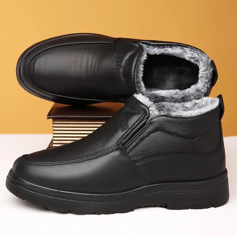 Men's black and brown fleece-lined winter slip-on shoes with a non-slip rubber sole.