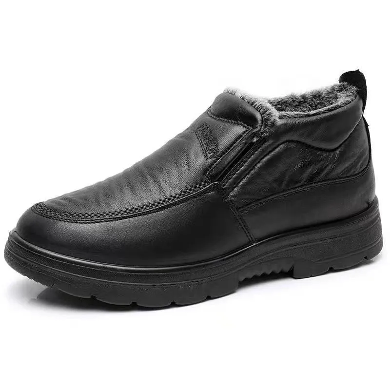 Men's black and brown fleece-lined winter slip-on shoes with a non-slip rubber sole.