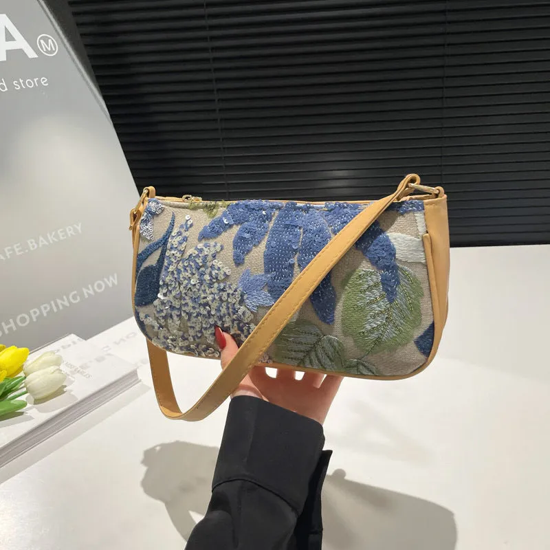 Women's retro national style PU shoulder bag with colourful sequins and sewing line detailing, oval shape, blue colour