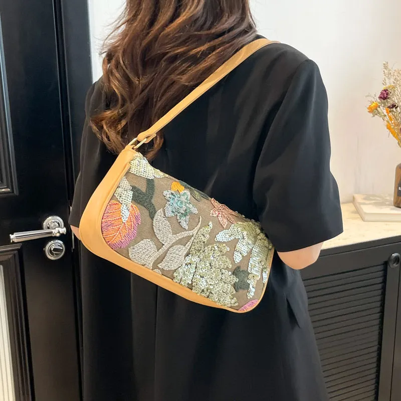 Women's retro national style PU shoulder bag with colourful sequins and sewing line detailing, oval shape, blue colour
