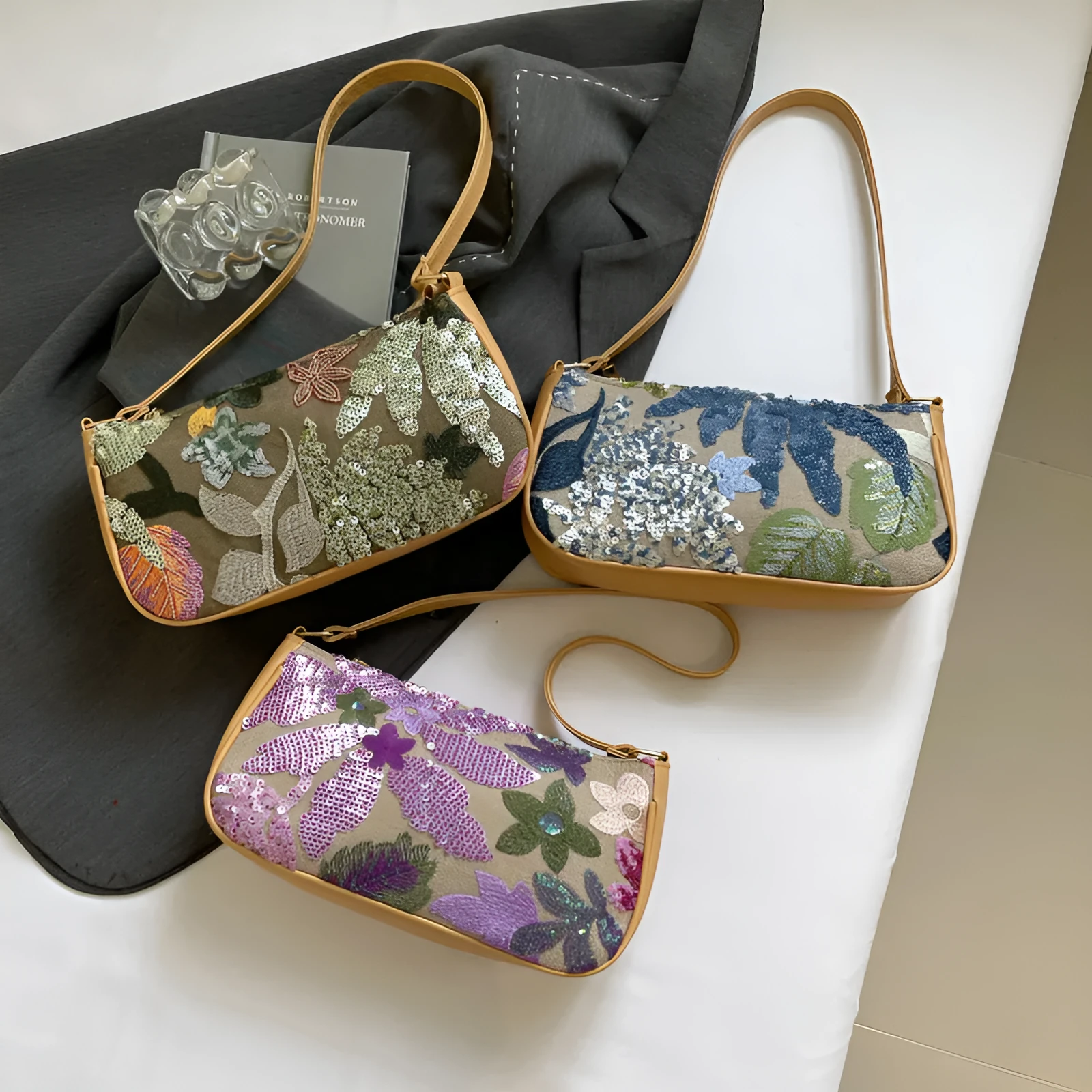 Women's retro national style PU shoulder bag with colourful sequins and sewing line detailing, oval shape, blue colour