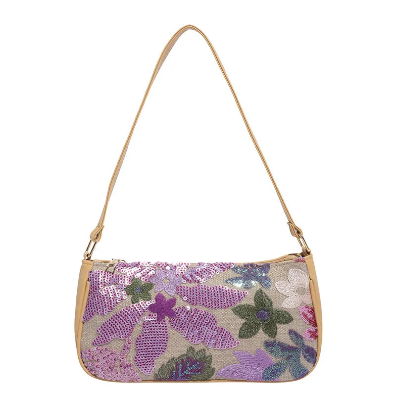 Women's retro national style PU shoulder bag with colourful sequins and sewing line detailing, oval shape, blue colour