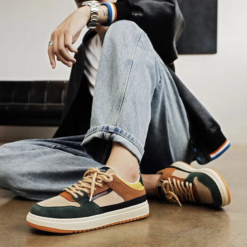 Men's casual lace-up board shoes in khaki green with round toe and flat heel