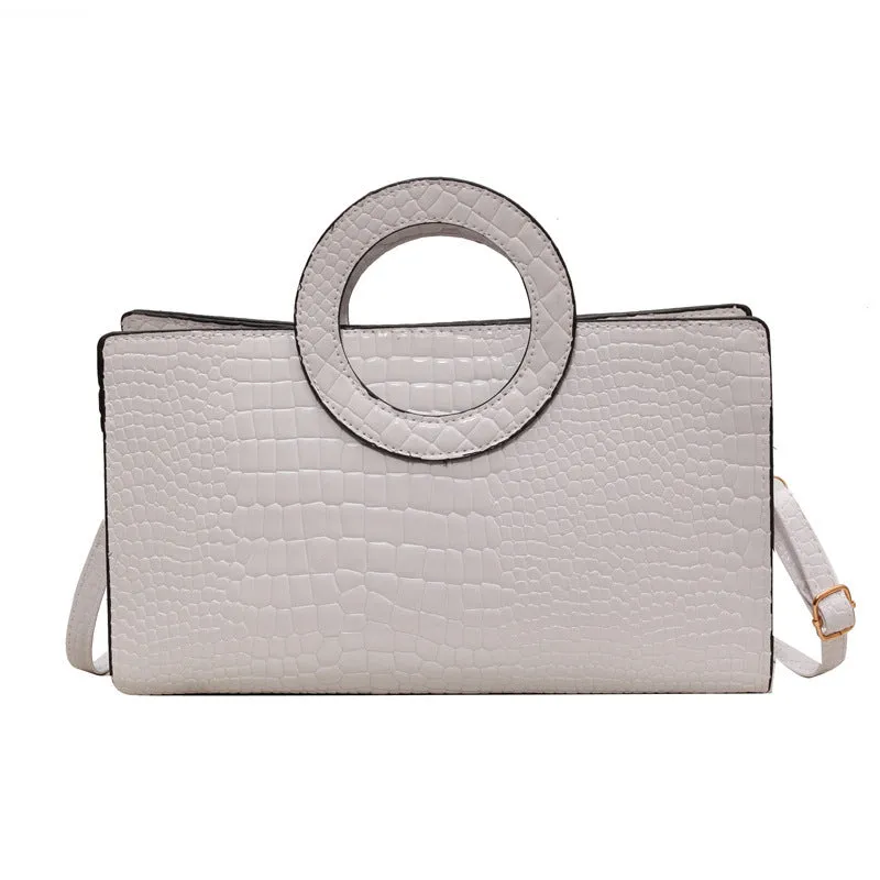 Retro crocodile pattern soft PU handbag in beige with single shoulder strap, horizontal square shape