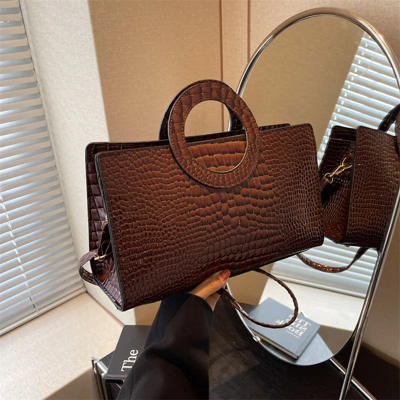 Retro crocodile pattern soft PU handbag in beige with single shoulder strap, horizontal square shape