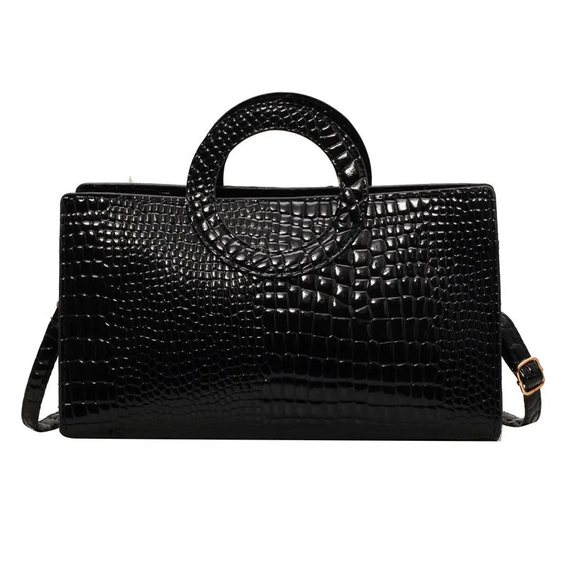Retro crocodile pattern soft PU handbag in beige with single shoulder strap, horizontal square shape