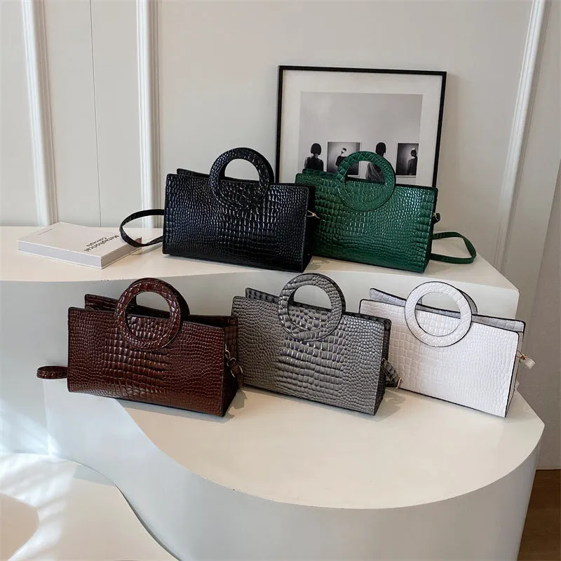 Retro crocodile pattern soft PU handbag in beige with single shoulder strap, horizontal square shape