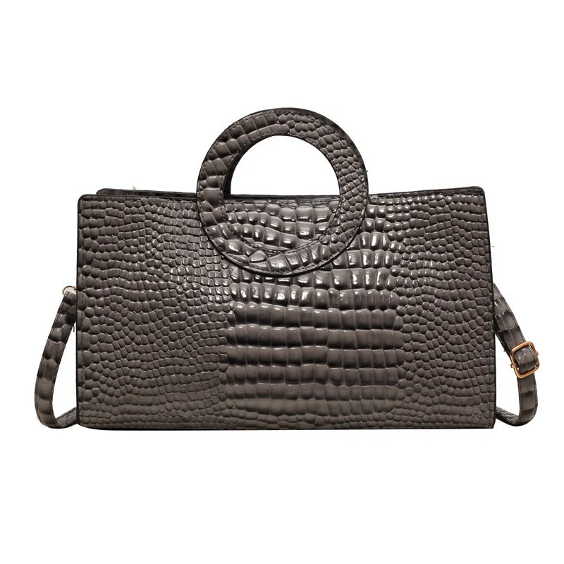 Retro crocodile pattern soft PU handbag in beige with single shoulder strap, horizontal square shape