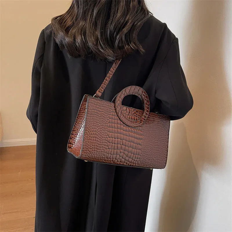 Retro crocodile pattern soft PU handbag in beige with single shoulder strap, horizontal square shape