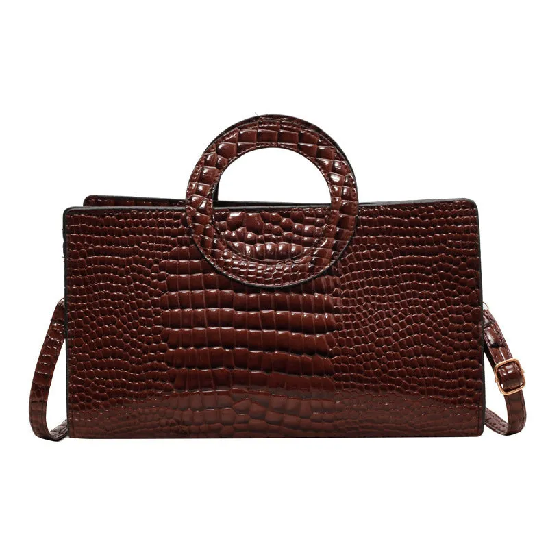Retro crocodile pattern soft PU handbag in beige with single shoulder strap, horizontal square shape