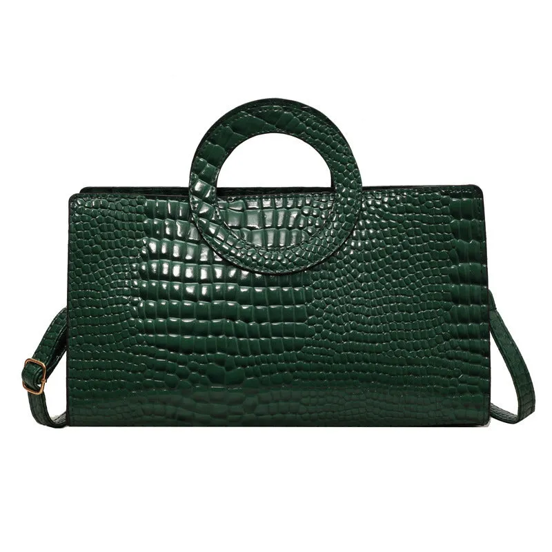 Retro crocodile pattern soft PU handbag in beige with single shoulder strap, horizontal square shape