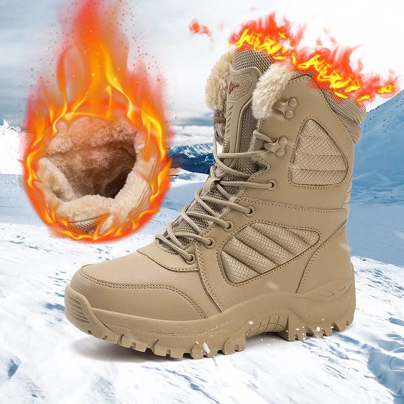 Men's snow boots brown waterproof artificial PU upper non-slip rubber sole mid heel winter shoes