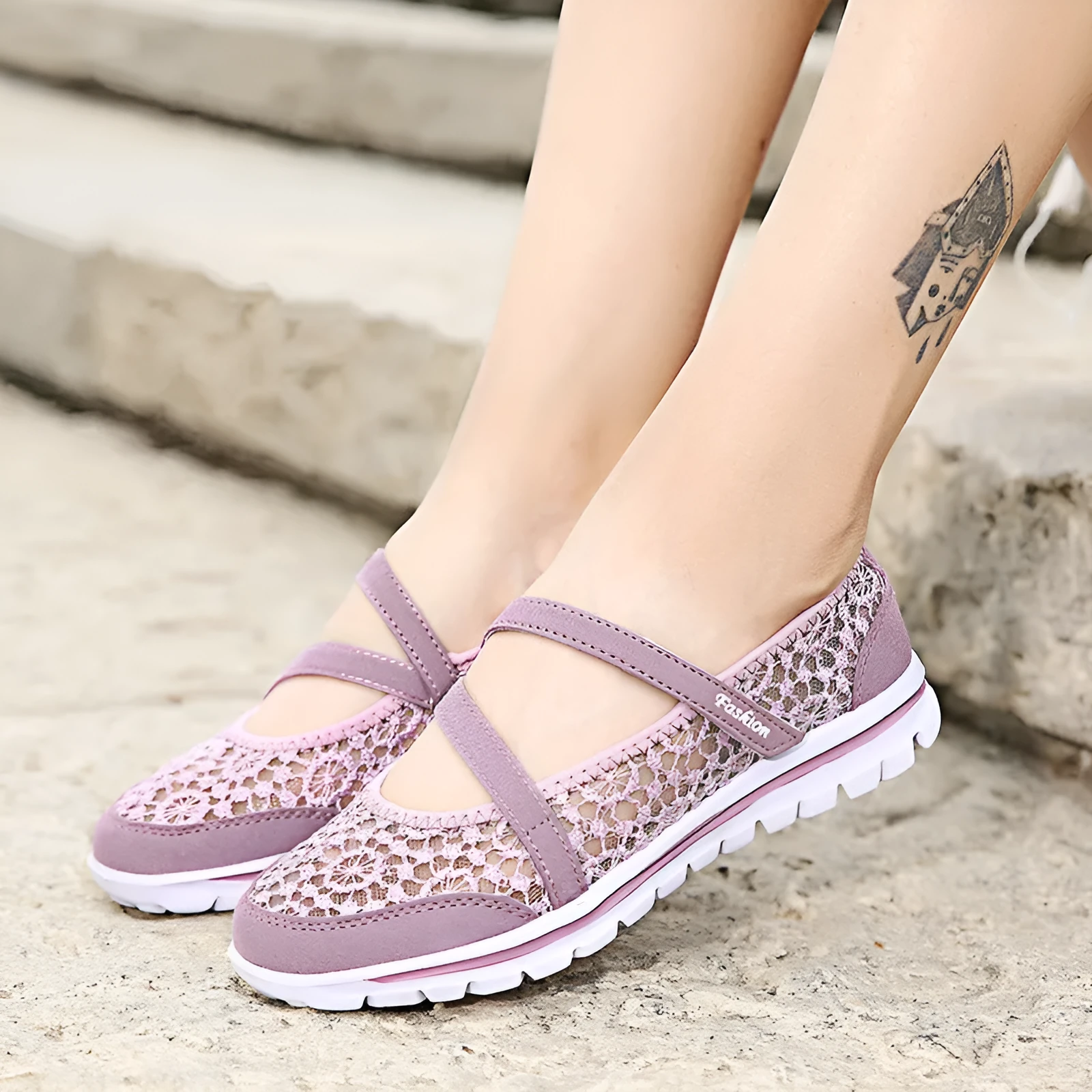 Women's mesh lace-up casual flat shoes in beige colour showing round toe and flat heel design