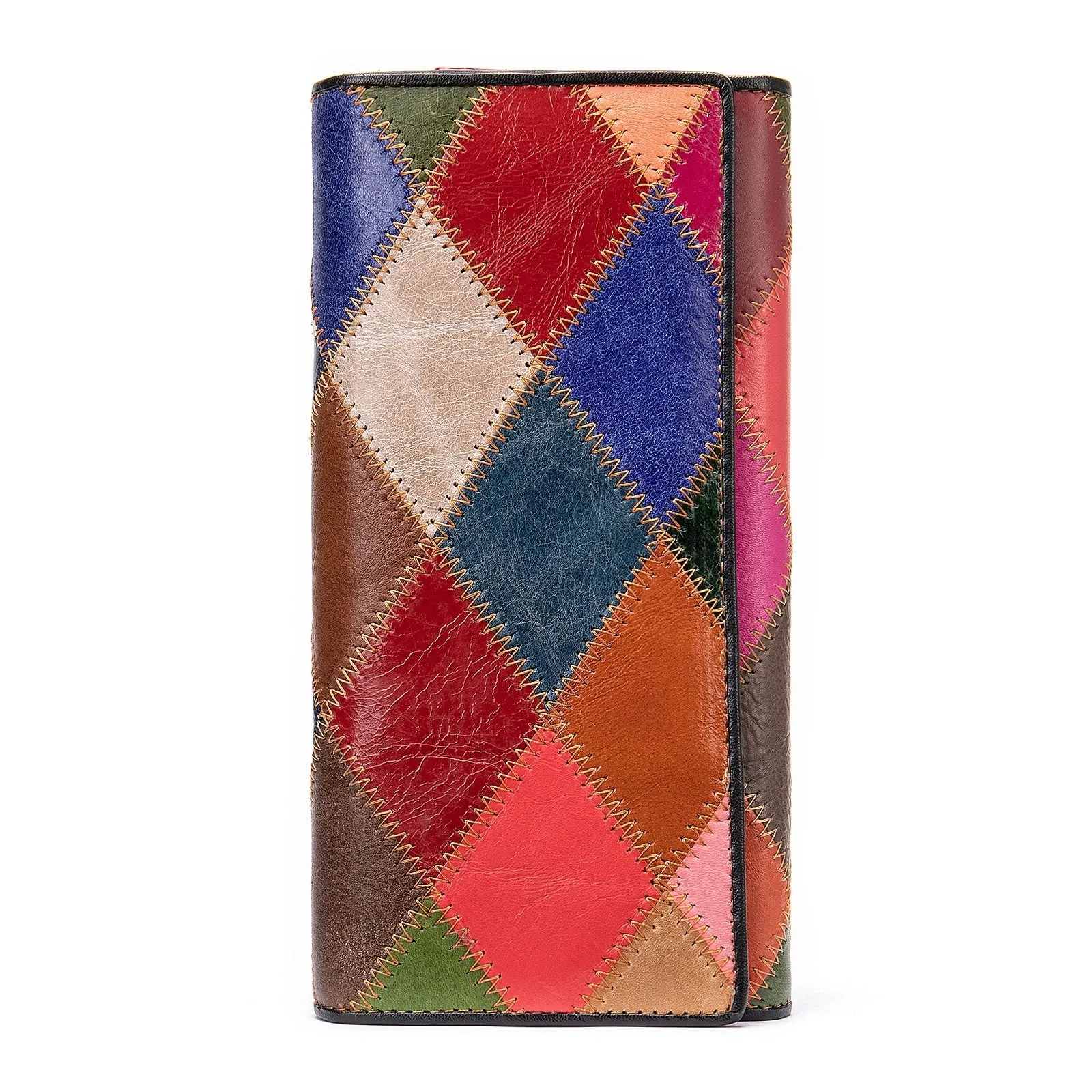 Women's genuine leather mid-length wallet with geometric stitching pattern, colour splicing, cowhide construction, street trend style
