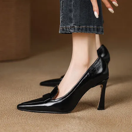 Women's pointed-toe stiletto heel pumps in black first layer cowhide leather with beef tendon sole