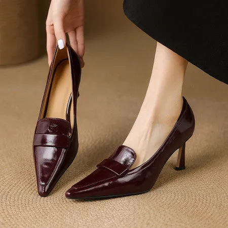 Women's pointed-toe stiletto heel pumps in black first layer cowhide leather with beef tendon sole
