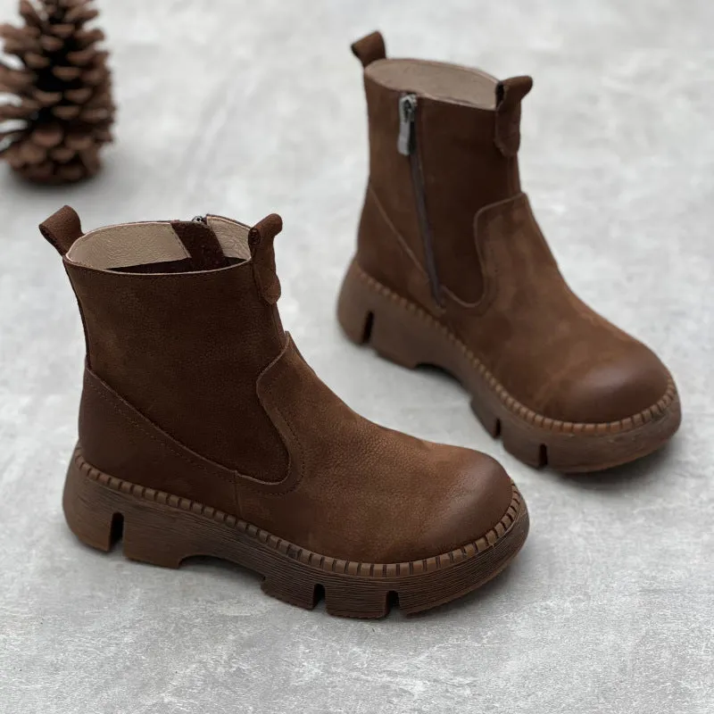 Round toe women's leather boots in black, first layer cowhide upper, side zipper, mid heel, middle calf shaft