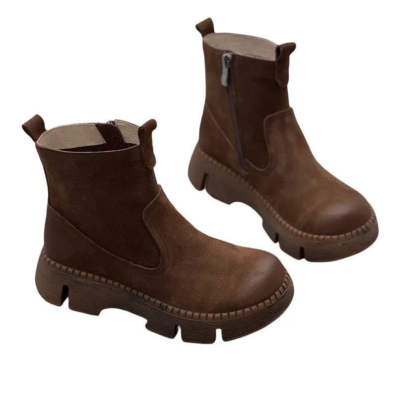 Round toe women's leather boots in black, first layer cowhide upper, side zipper, mid heel, middle calf shaft