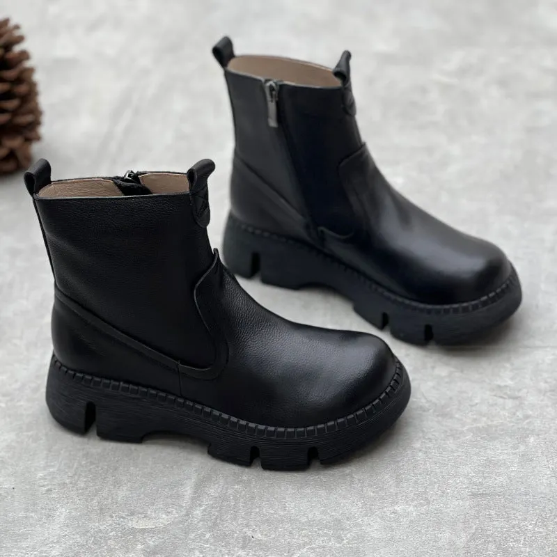 Round toe women's leather boots in black, first layer cowhide upper, side zipper, mid heel, middle calf shaft