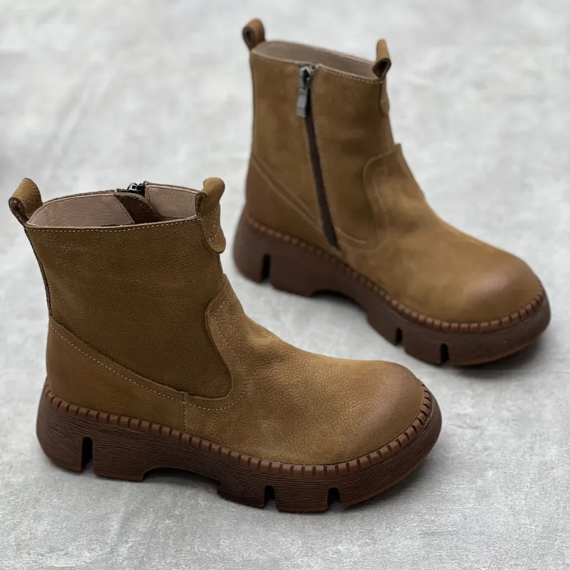 Round toe women's leather boots in black, first layer cowhide upper, side zipper, mid heel, middle calf shaft